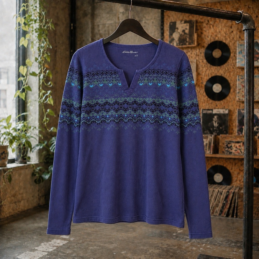Eddie Bauer Womens XL Blue Waffle Knit Thermal Long Sleeve‎ Fair Isle Split Neck